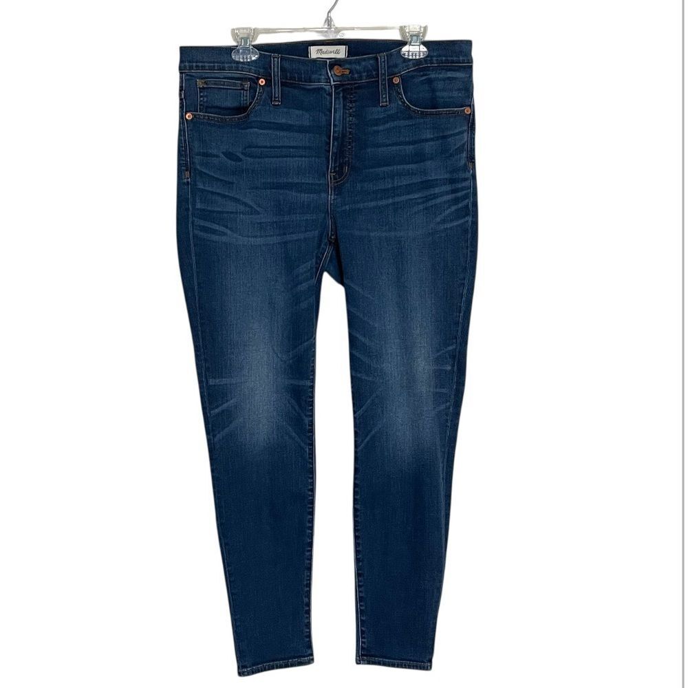 Madewell 9" High Rise Skinny Jeans Blue Denim Medium Wash Leather Patch Size 32
